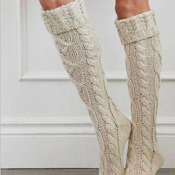 Knee high socks cable knit Cotton Acrylic blend - Picture 4 of 11